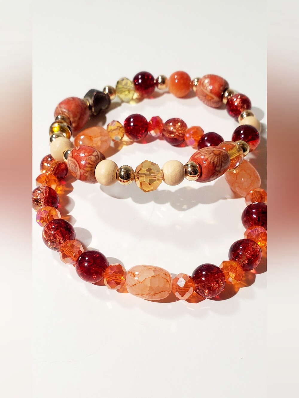 Handcrafted Glass/eclectic Orange and Red Beaded Stretch Bracelet Set